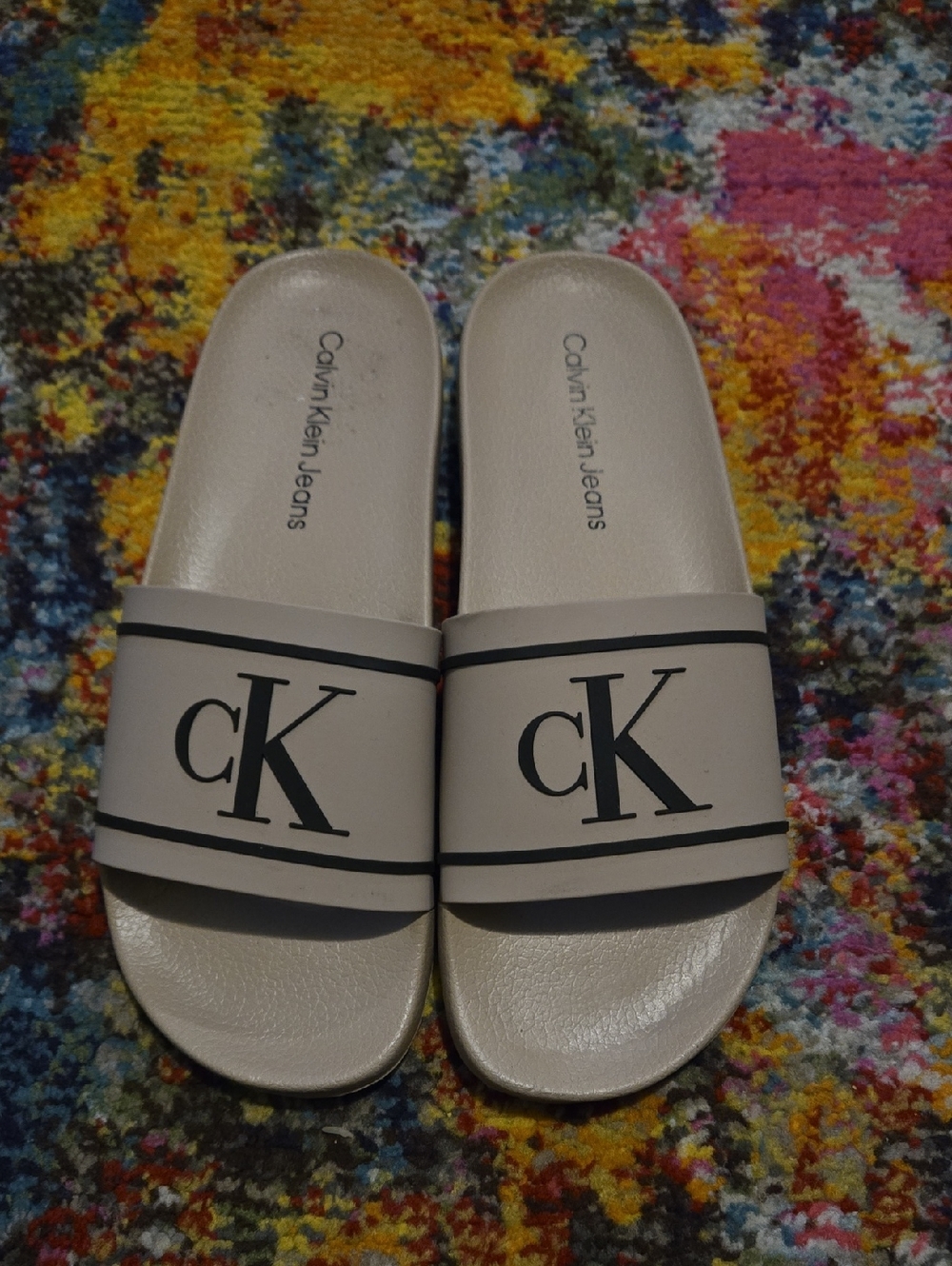 Calvin Klein Women Beige Slide Sandals with Black cK Logo